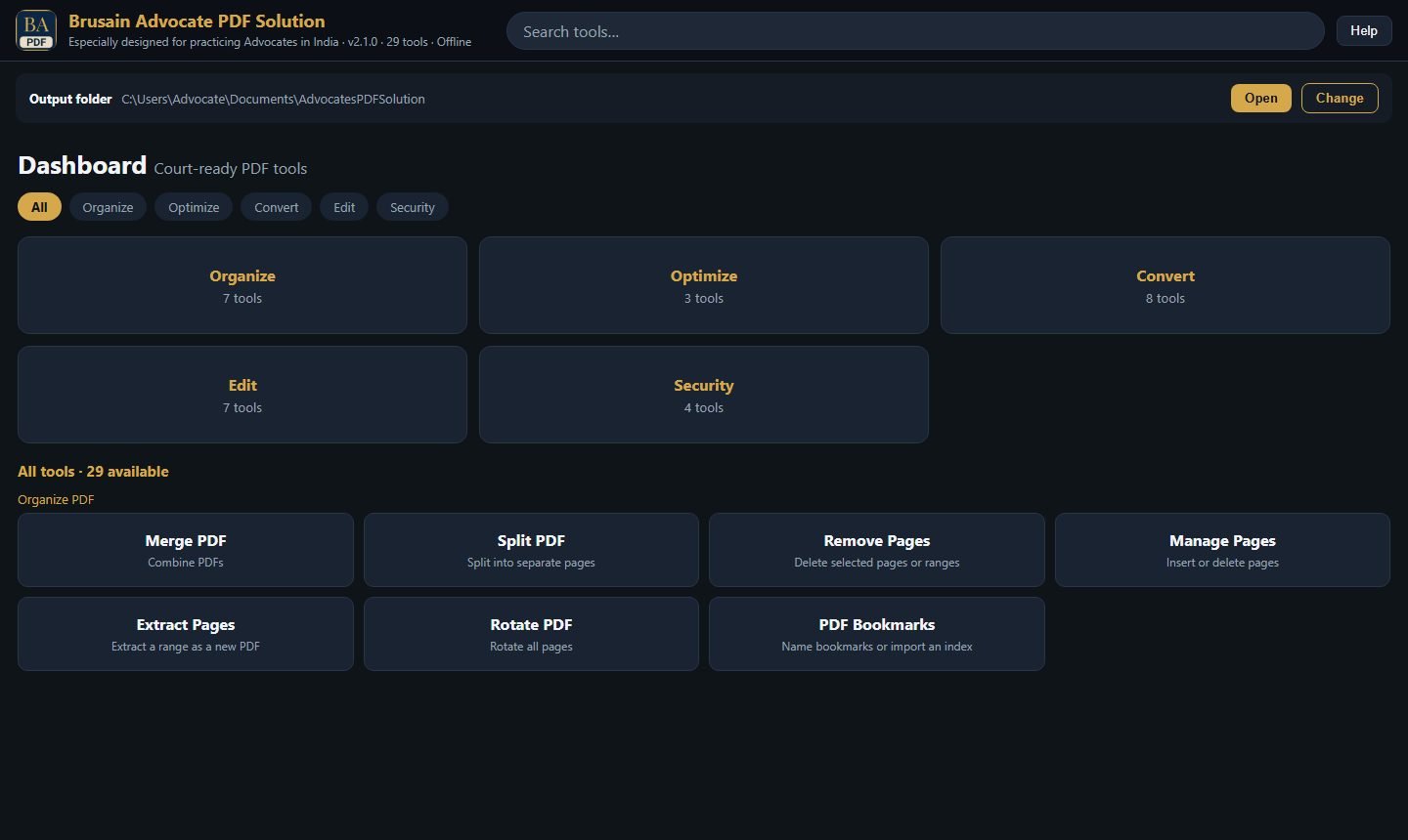 PDF software for advocates dashboard showing Organize Optimize Convert Edit and Security tools