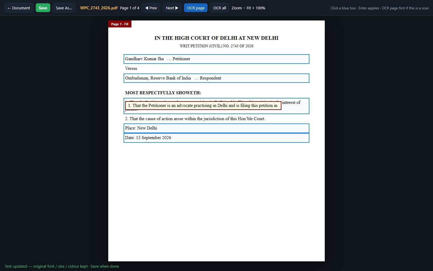 Edit PDF: click a blue box on a petition page and type in place