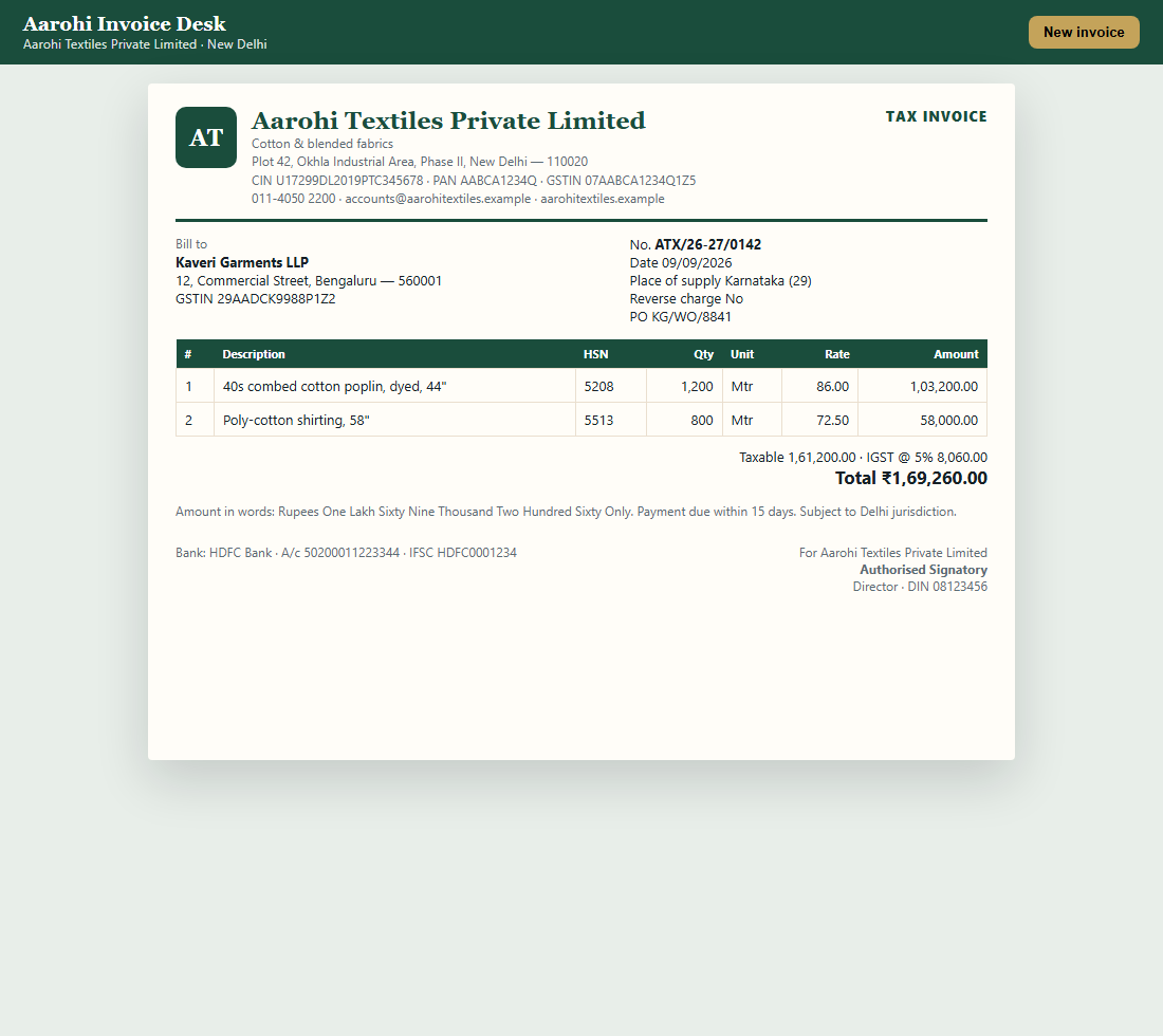 Sample customer invoice generator: Aarohi Textiles Private Limited tax invoice